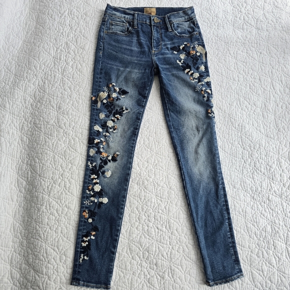 Driftwood Jackie Mid Rise Skinny Embroidered Bird Blue Jeans Size 25 - Picture 2 of 15
